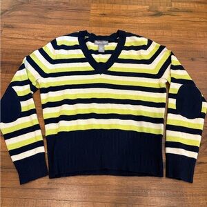 Grayson & Dunn 100% Cashmere Sweater Size L, Striped Navy Green Deep V Neck